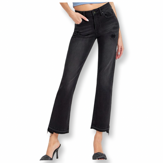 Risen Mid Rise Ankle Straight Uneven Released Hem Jeans