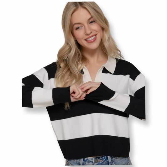 ACC Rugby Black & White Stripe Polo Top