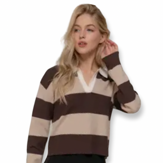 ACC Rugby Brown & Taupe Stripe Polo Top