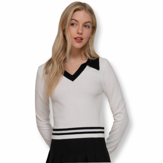 ACC Polo White & Black Stripe Top