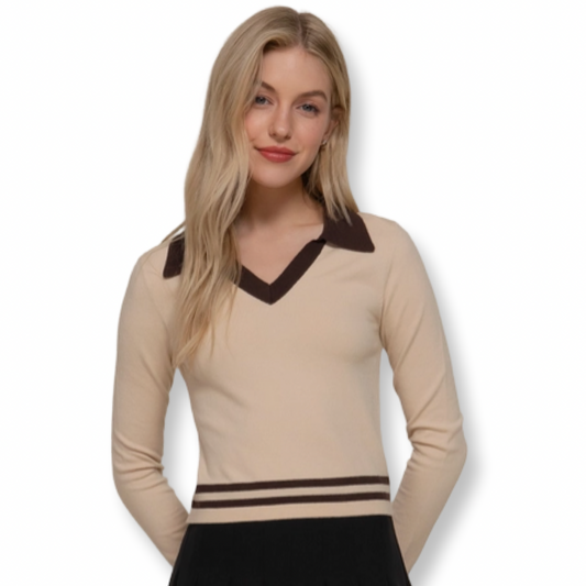 BC Polo Beige & Brown Stripe Top