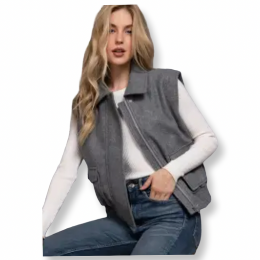 ACC Notched Collar Soft Felt Zip Up Vest Grey