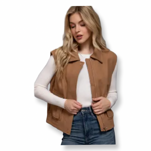 ACC Notched Collar Soft Felt Zip Up Vest Khaki