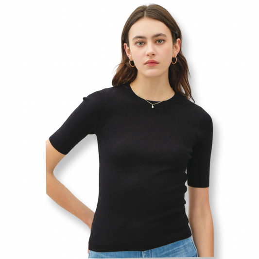 BC Classic Solid Half Sleeve Rib Knit Top Black