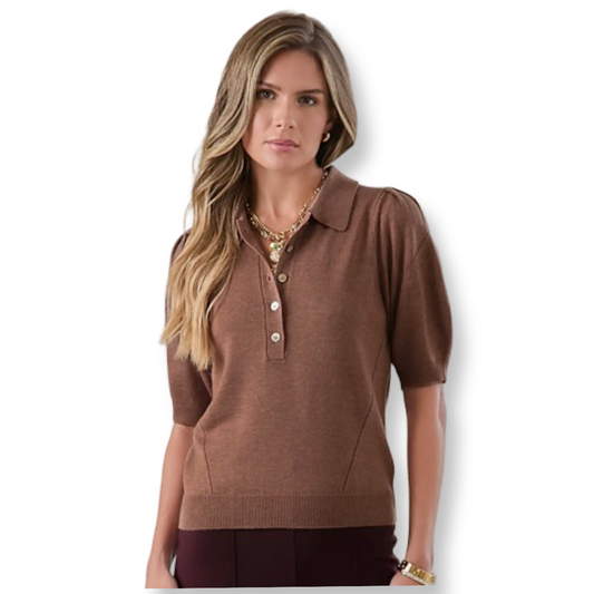 Current Air Ribbed Short Sleeve Polo Knit Top