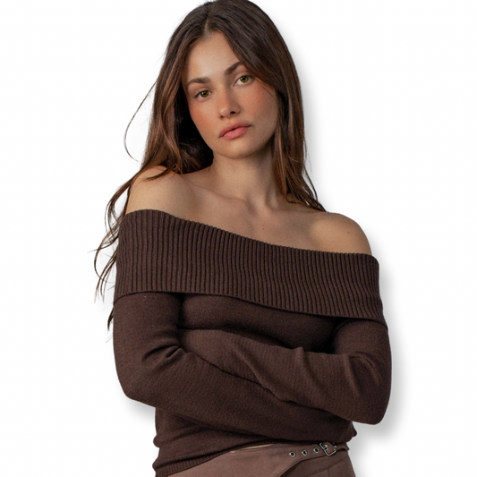 UB Ribbed Off-Shoulder Sweater Brown