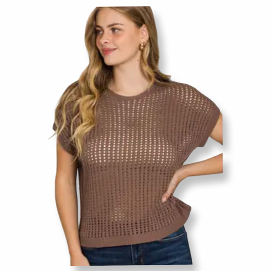 ZEN Crochet Knit Sheer Hollow Sweater Brown