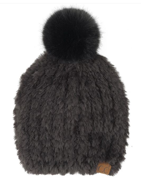 CC Faux Fur Hat w/Pom Black