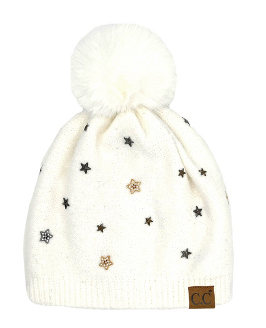 C.C Star Stud Pom Beanie-Ivory