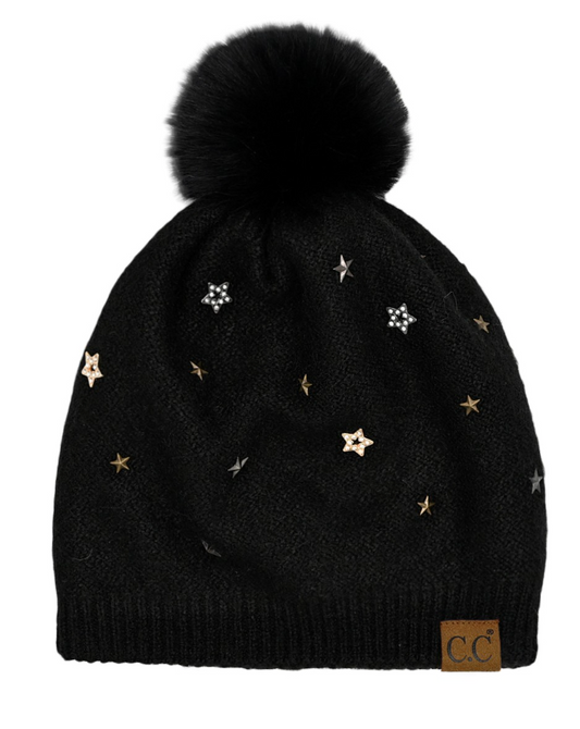 C.C Black Star Stud Pom Beanie