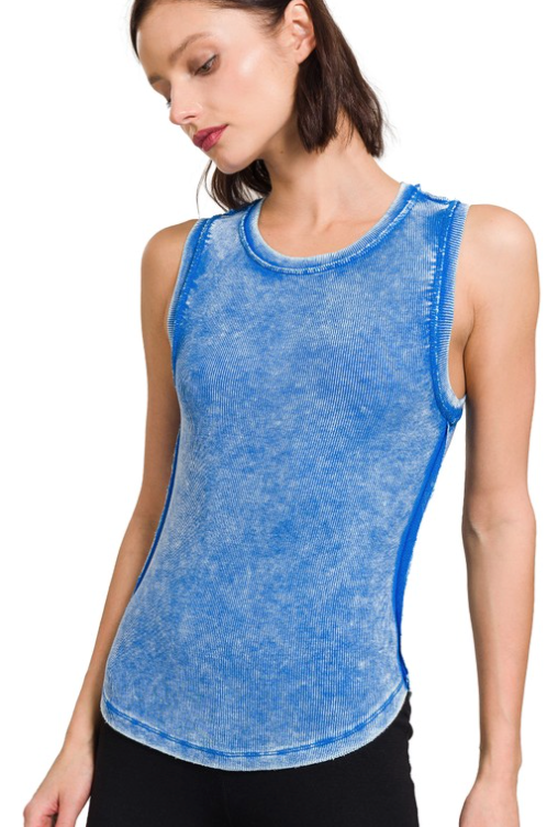 ZEN Ribbed Tank Top with Exposed Seam Ocean Blue