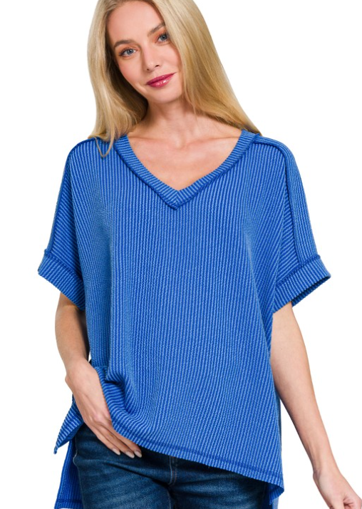 ZEN Corded Rib Short Sleeve Hi-Low V Neck Top Blue