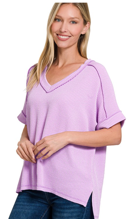 ZEN Corded Rib Short Sleeve Hi-Low V Neck Top Lavender