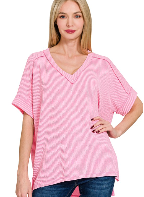 ZEN Corded Rib Short Sleeve Hi-Low V Neck Top Pink