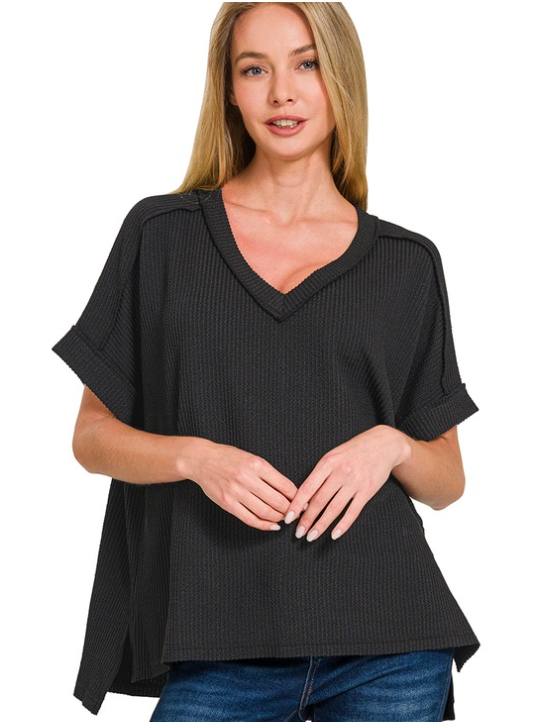 ZEN Corded Rib Short Sleeve Hi-Low V Neck Top Black