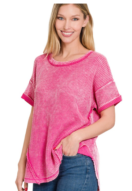 ZEN Waffle Rolled Up Short Sleeve Top Fuchsia